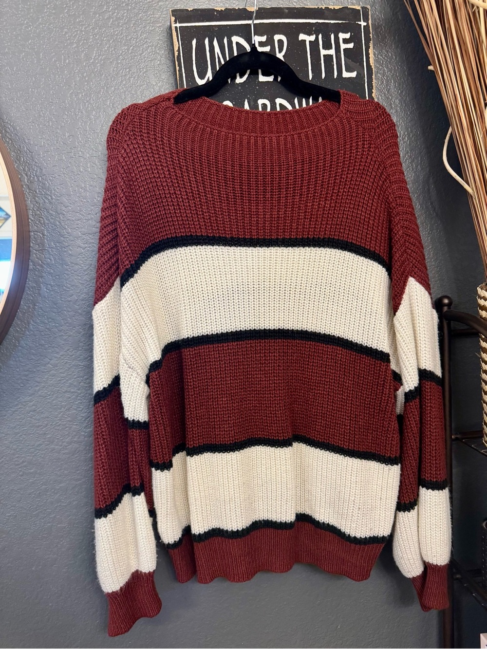 SHEIN Burgundy, Cream & Black Striped Crewneck Sweater 2XL